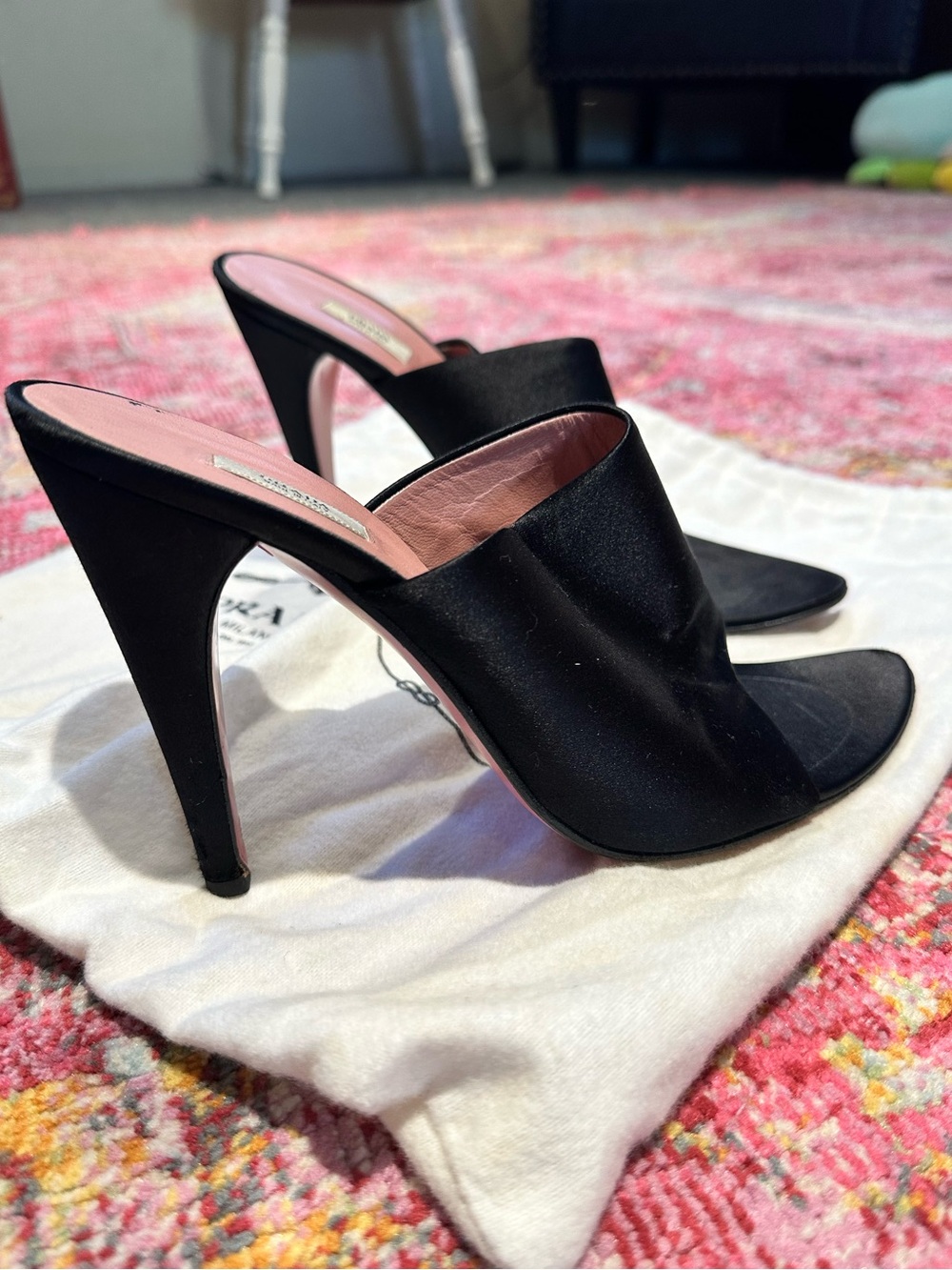 Prada Black Satin High Heel Mule with Pink Insole